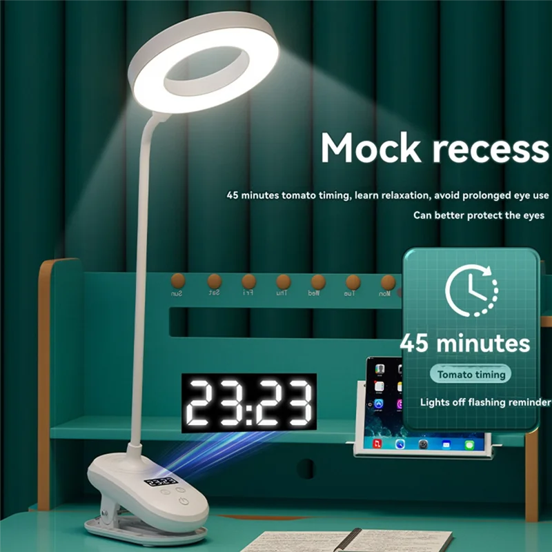 LICE-Clip LED مصباح مكتبي دراسة حماية العين مع ساعة طالب عنبر مصباح مكتبي غرفة نوم أباجورة