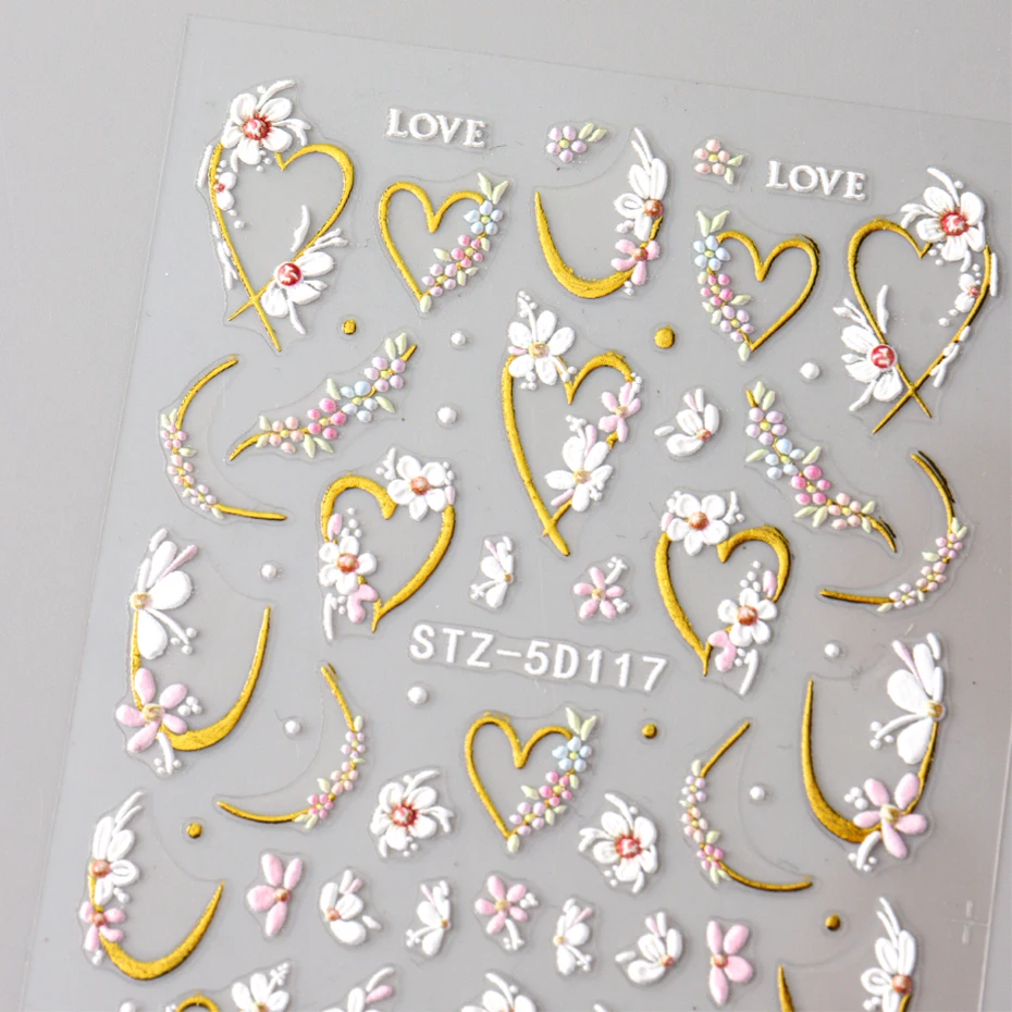 2 قطعة 5D تنقش الأزهار ملصقات الأظافر-الذهبي الحب القلب زهرة تصاميم الشارات ذاتية اللصق DIY بها بنفسك مانيكير مسمار الديكور