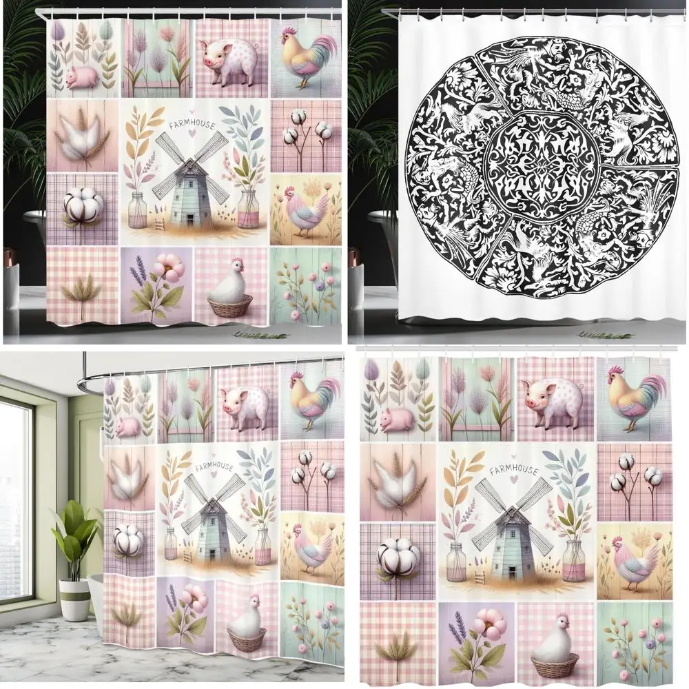 

Zasłona prysznicowa ambesonne в фермерском доме, красочная пастельная cottagecore стиль узор цветы свинья петух курица, тканевая ткань для ванной комнаты