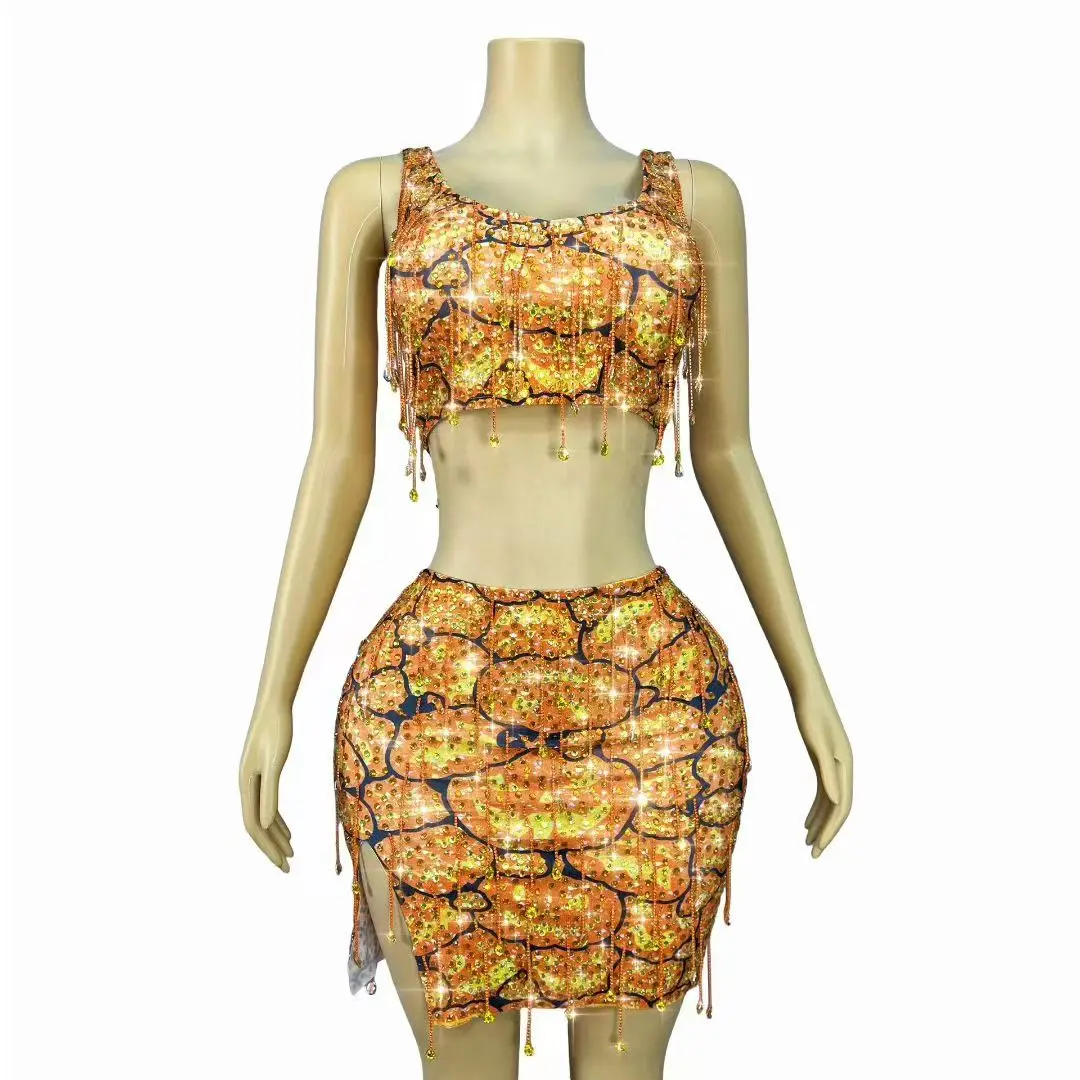Women 2 Piece Set Orange Pumpkin Pattern Crystal Fringe Crop Tops Mini Skirt Party Show Outfit Singer Stage Performance Costume