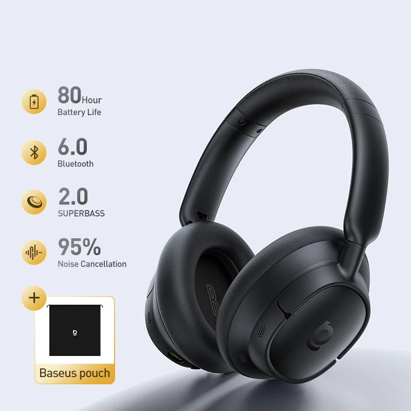 Baseus Bass BH1 NC Lite ANC Draadloze Hoofdtelefoon 95% Ruisonderdrukking Headset Bluetooth 6.0 80 uur Over-Ear Oordopjes