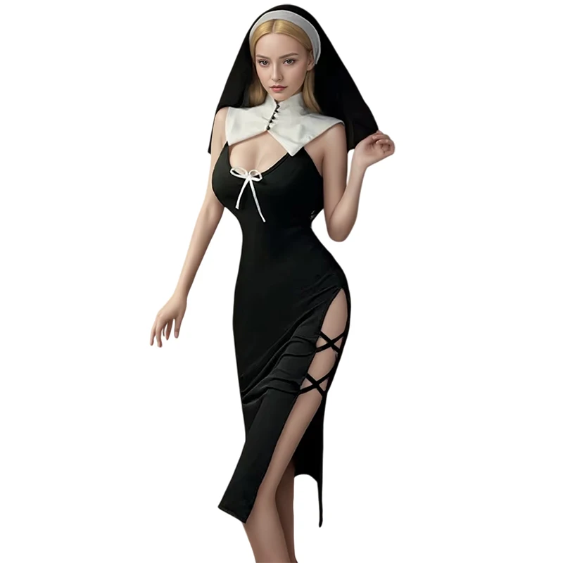 

Nun Cosplay Costume Black Slit Bodycon Dress with Headpiece Sexy Lingerie Night Club Roleplay Outfit Women Girls Nightdress