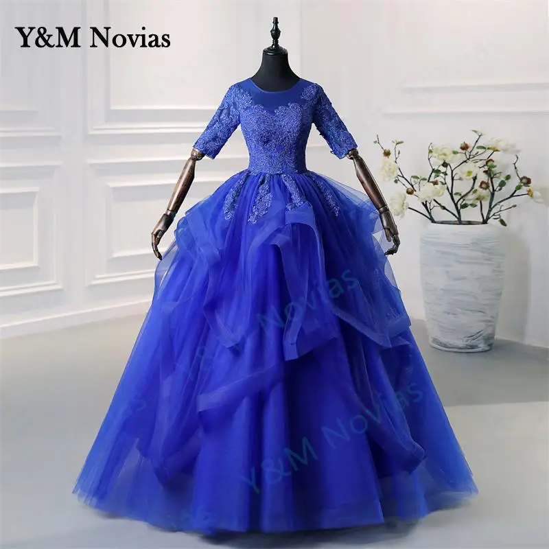 Y&M Novias New Fashion Plus Size Blue Wedding Dresses Half Sleeve Sweet and ruffles in a few rows Bridal Gowns White Ivory Lace