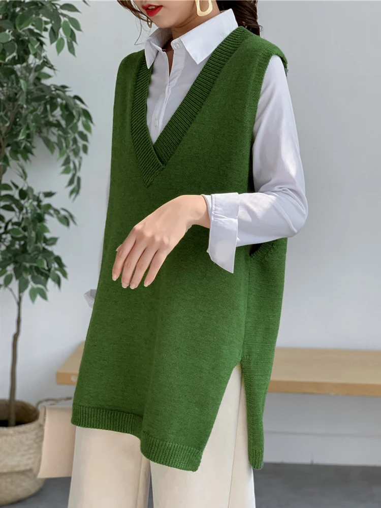 EAM-suéter de punto con abertura lateral amarilla para mujer, Jersey sin mangas con cuello en V, talla grande, tendencia de moda, primavera y otoño, 2024, 1DH6441