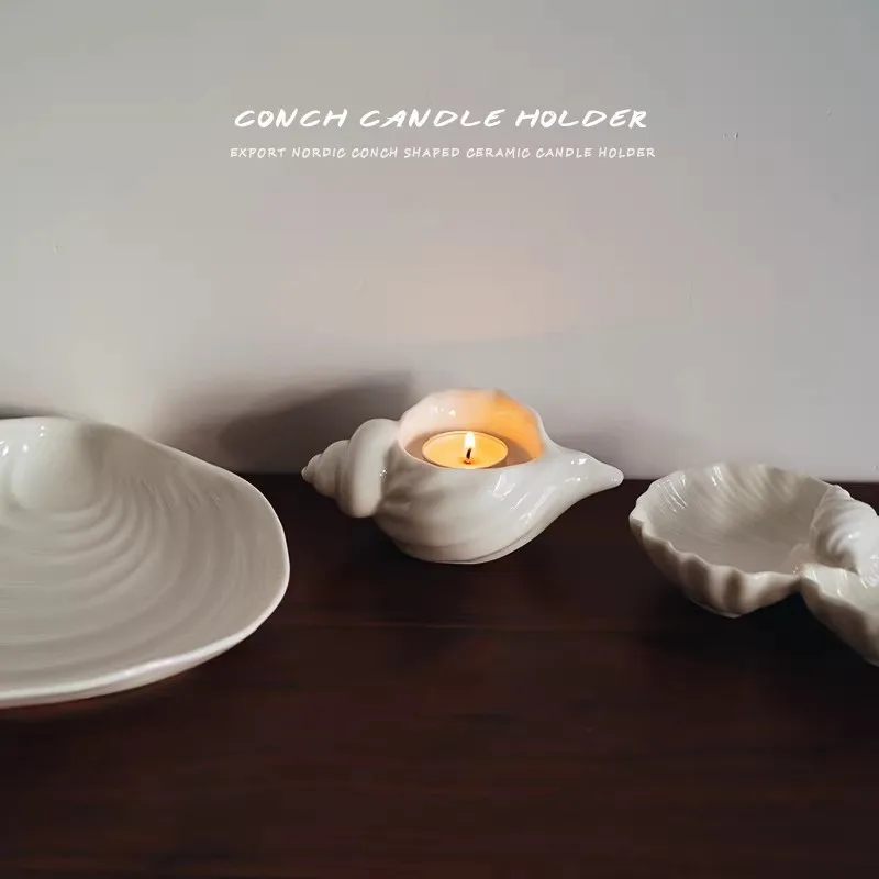 Sea Shell Shape Ceramic Creative Candle Holder Simple Solid Color Conch Dining Table Candle Holder