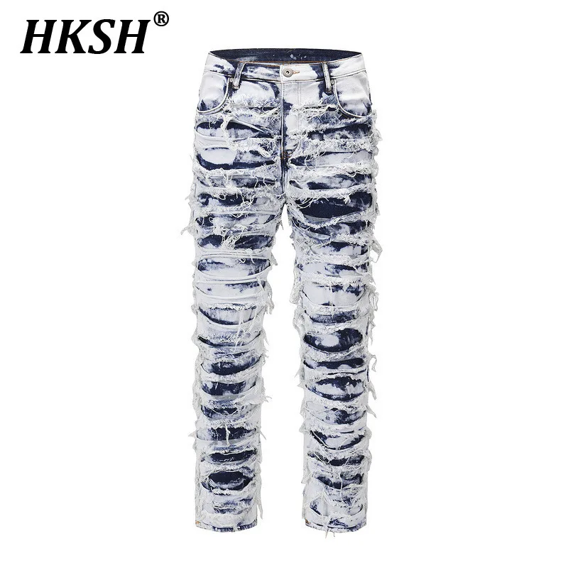 HKSH Spring New Men Punk Y2K American High Street Fashion Brand Washed Ripped Jeans Zippers Worn Out Beggar Denim Pants HK4290