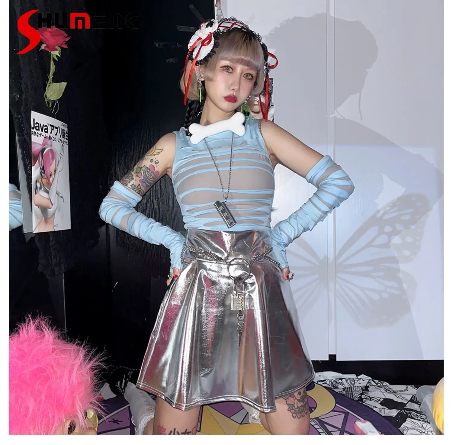 2024 Fashion American Streetwear Y2k Skirt Hot Girl Laser High Waist Slim Fit Sexy Mini Skirt Wome Punk Silver A- Line Skirts