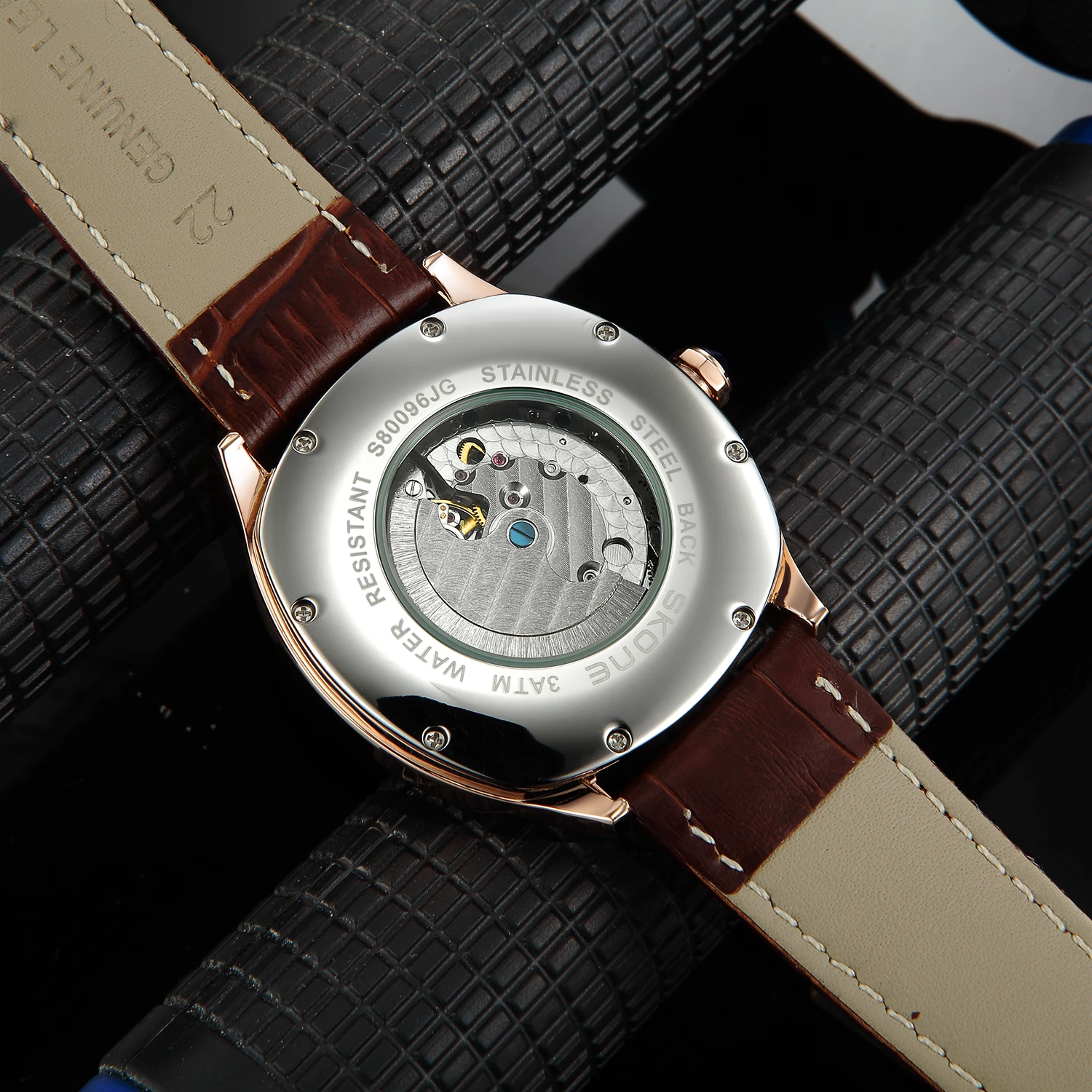 SKONE Fully automatic mechanical watch men's watch luxury watch genuine leather moon phase new brand calendar watch