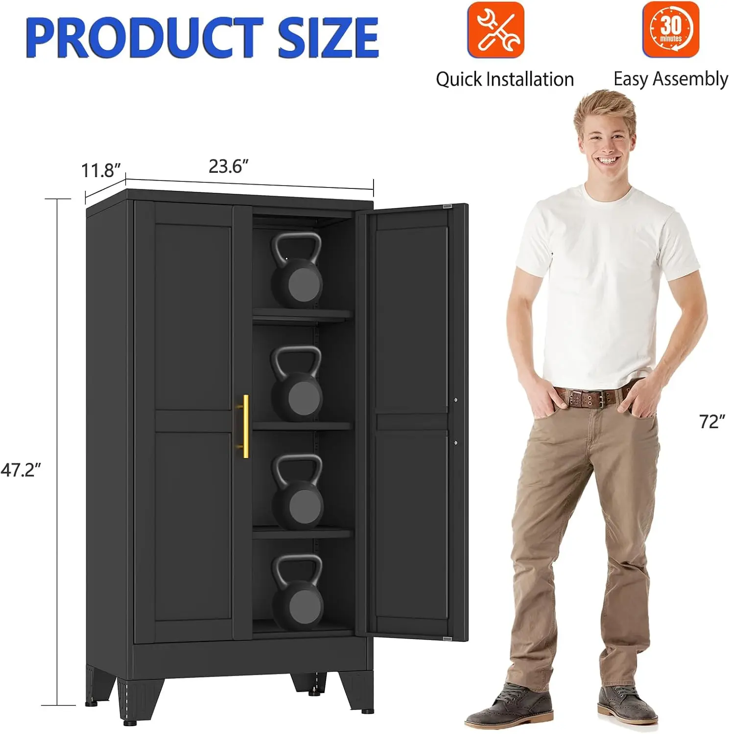 47.2'' Tall Metal Garage Storage Cabinet,File Cabinet with Door and Adjustable Shelves, Outdoor Steel Tool Cabinet for Home,Office,Warehouse,Garage,Balck