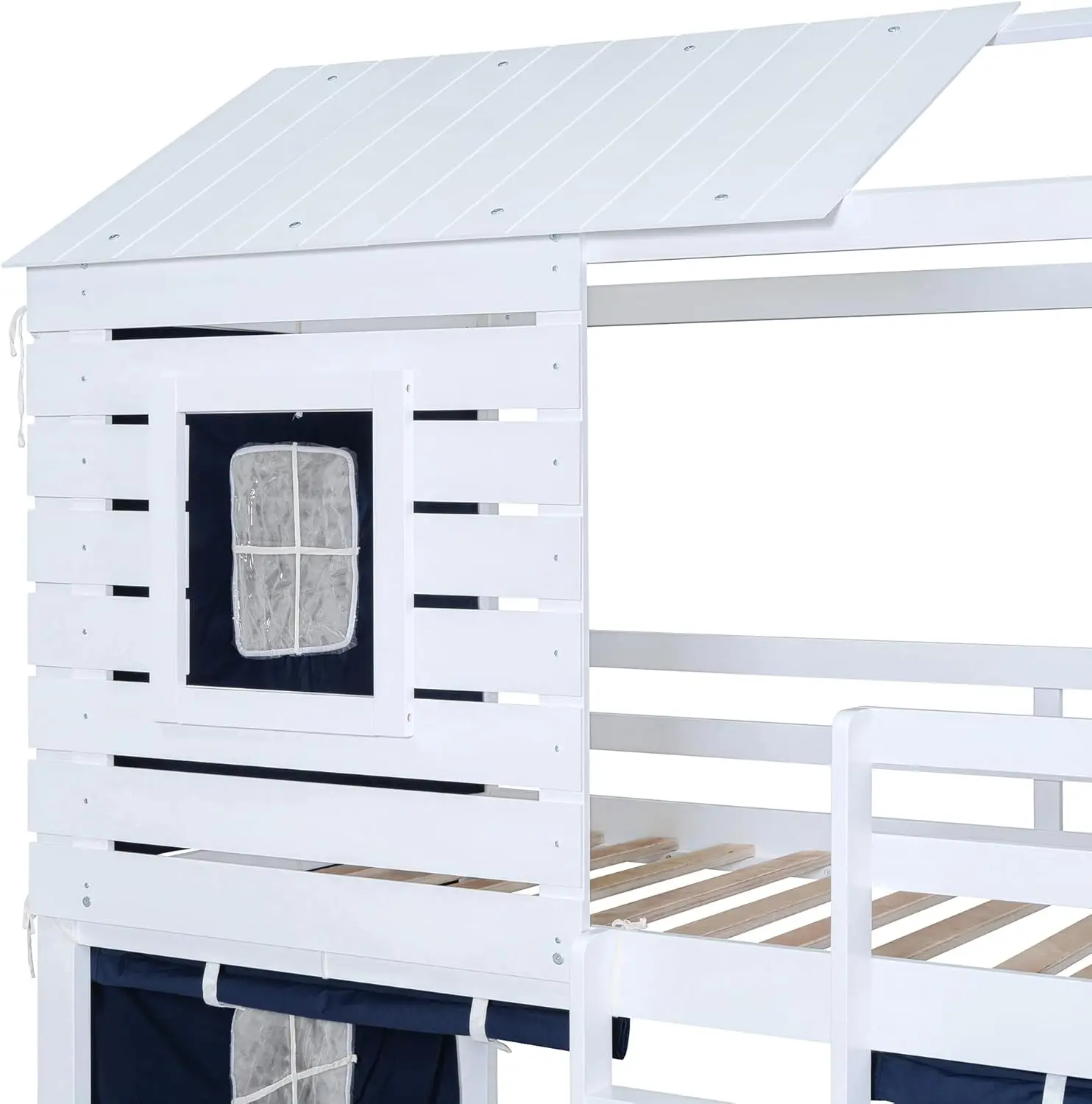 Linique-Lit de maison en bois superposé de taille double avec tente bleue, fenêtre, conception de toit de maison, lits superposés de plancher de taille jumelle, cadre pour garçons