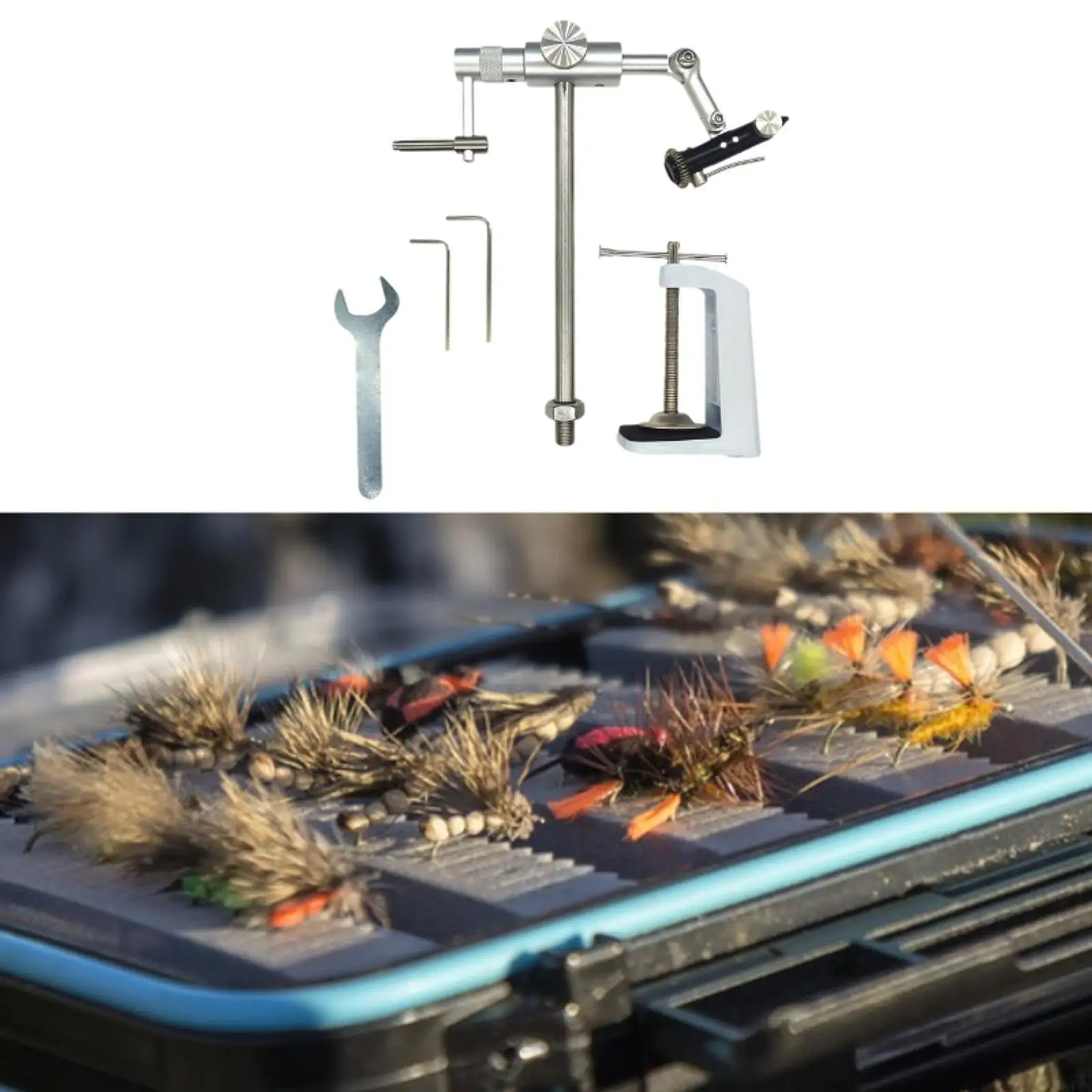 Rotary Fly Tying Vise with Handle Multiple Adjustments Silver Alloy Clamp Vise for Fly Fishing Hooks Tying Tools for Beginner