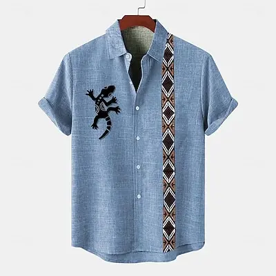 

Summer Fashion Men's Shirt Hawaiian Casual Beach Comfort Bamboo Hemp Material Lizard Print Lapel Men's Short Sleeve Top Loose