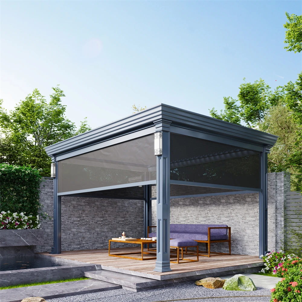 Motorized Louver  Custom Outdoor Aluminum Pergola Automatic Roof Louvers Aluminium Pergola Retractable Roof with Roller Blind