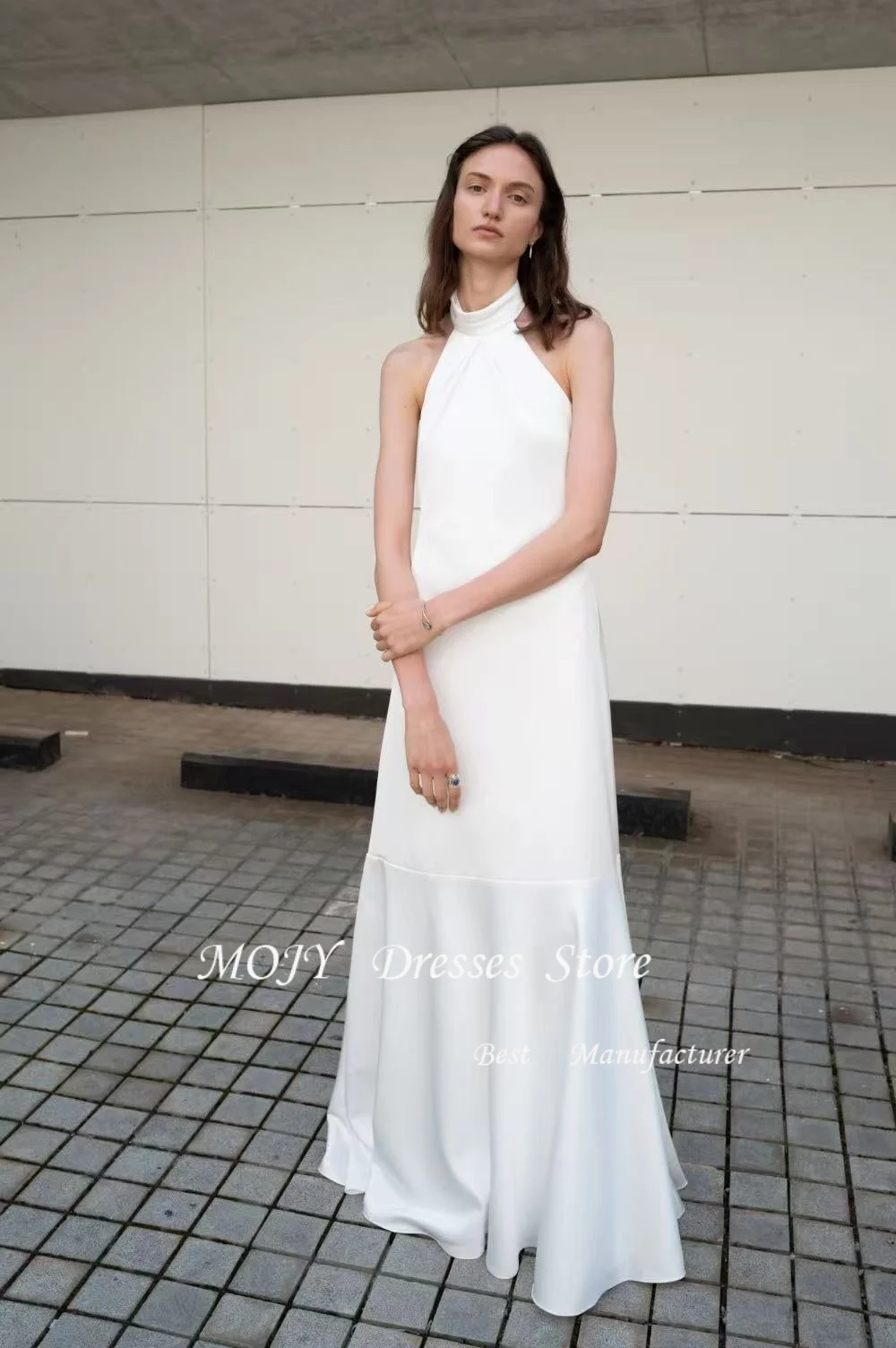 Mojy Graceful Women Wedding Dresse Vintage High Neck Sleevels Simple Bridal Gown Soft Crepe Mermaid Brides Wedding Gowns