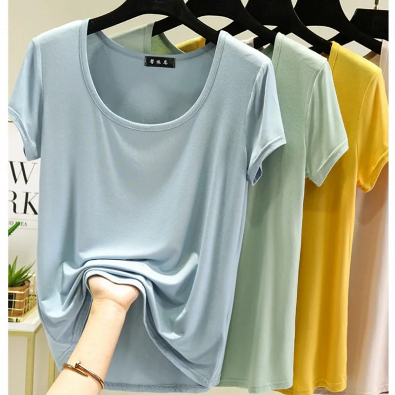 U-Neck T-shirt Short Sleeve Women Casual Loose Tshirts Solid color Summer female Tee Tops Plus size 3XL