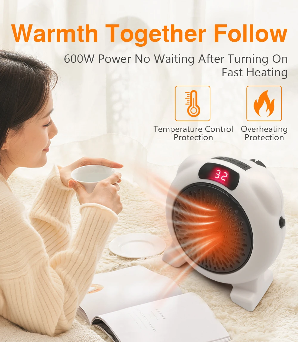 Heater Electric Heater Portable Plug in Wall Desktop Room Heating Stove Household Radiator Remote Warmer Machine 600W Heated