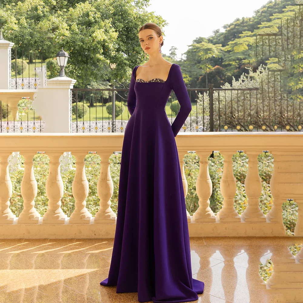 

Purple Evening Dress for Women Off Shoulder Long Sleeves A Line Jersey Evening Gowns Long Elegant Party Dresses Customized