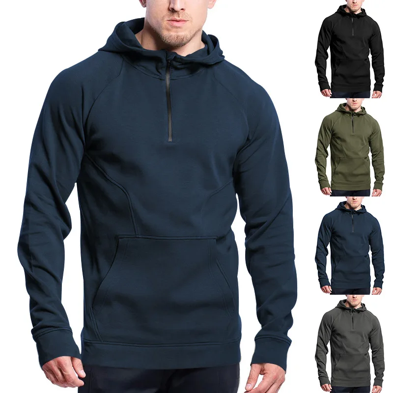 

New Long Sleeved Sweatshirt Casual Pullover Hooded Half Zip Patchwork Fleece Sweatshirt For Men