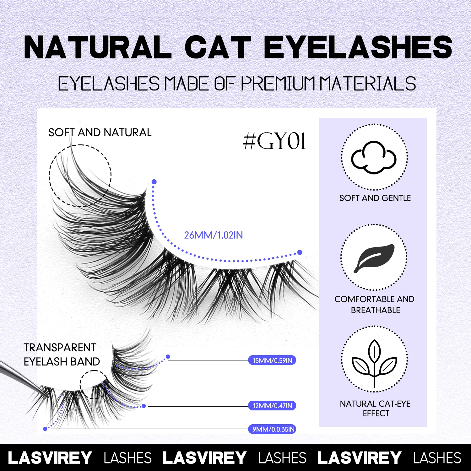 Lasvirey Cat Eye Ciglia Manga naturali Ciglia finte Stelo trasparente Ciglia a striscia completa Morbide arricciature naturali Estensione ciglia finte visone