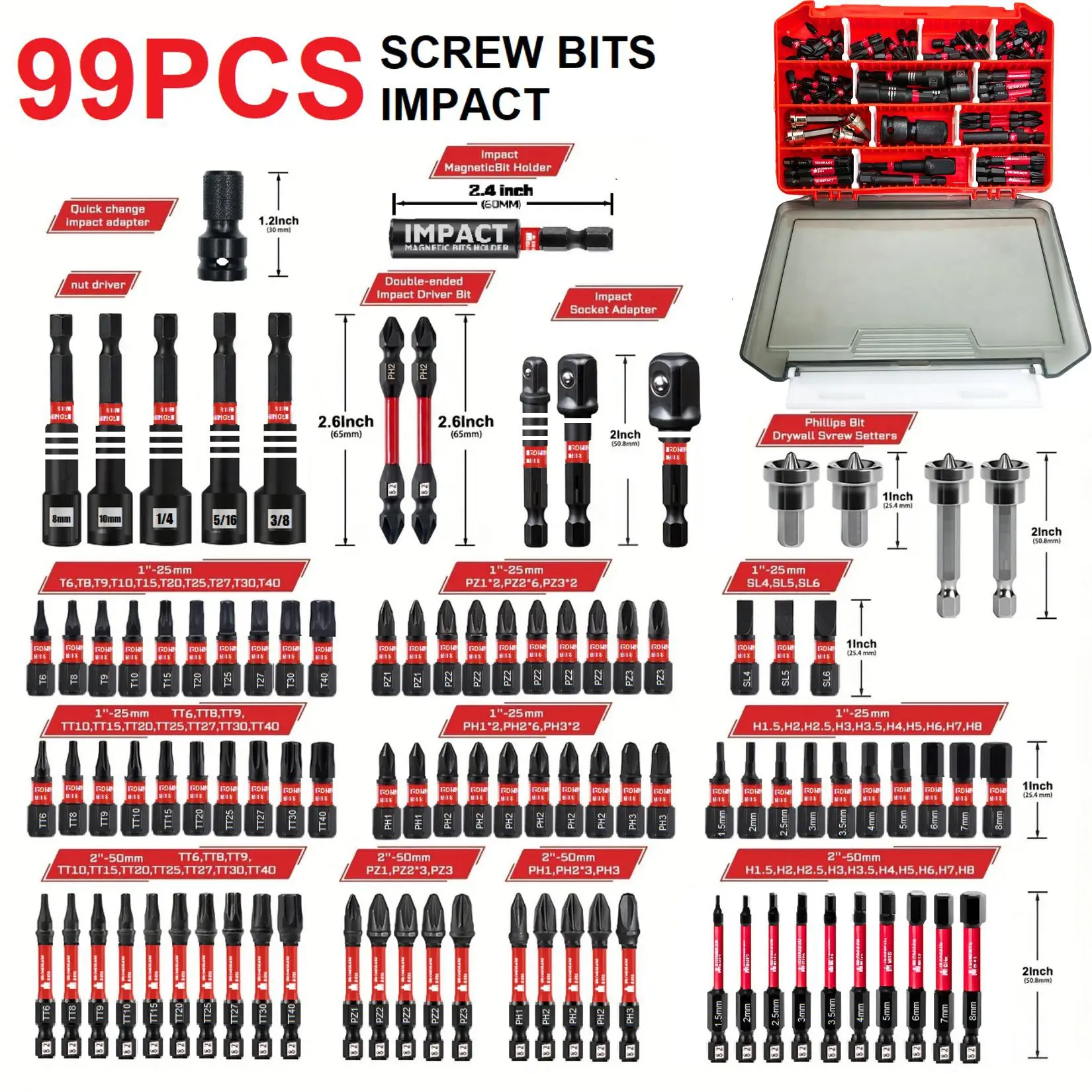 

99PCS Impact Screwdriver Bits Set Magnetic S2Steel Phillips/Slotted/Square/Torx Insert Power Bits Tips with Red Storage Box Case