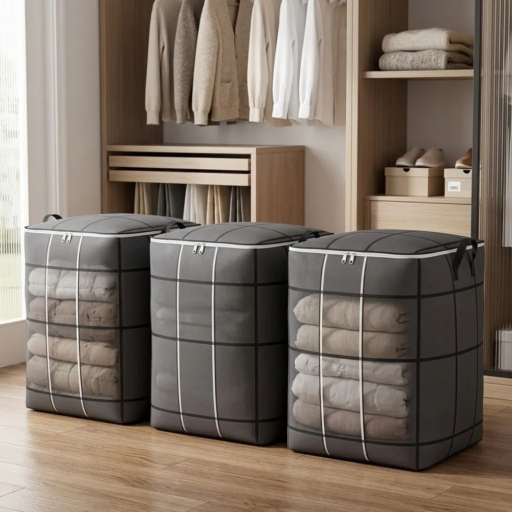140L Spacious Organizer Bags for Clothes Bedding and Home Storage Featuring Fabric Construction and Stylish Grid Pattern