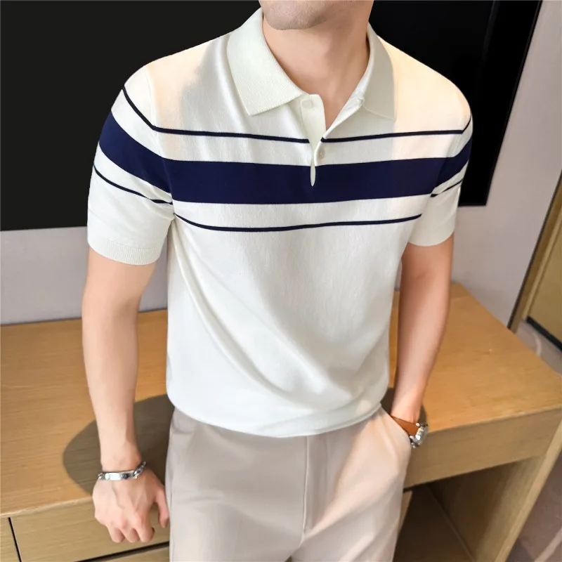 

Men's Knitted Polo Shirt 2026 Summer New High Elasticity Loose Casual Top Striped Short Sleeved T-shirt Fashion Men's Clothing