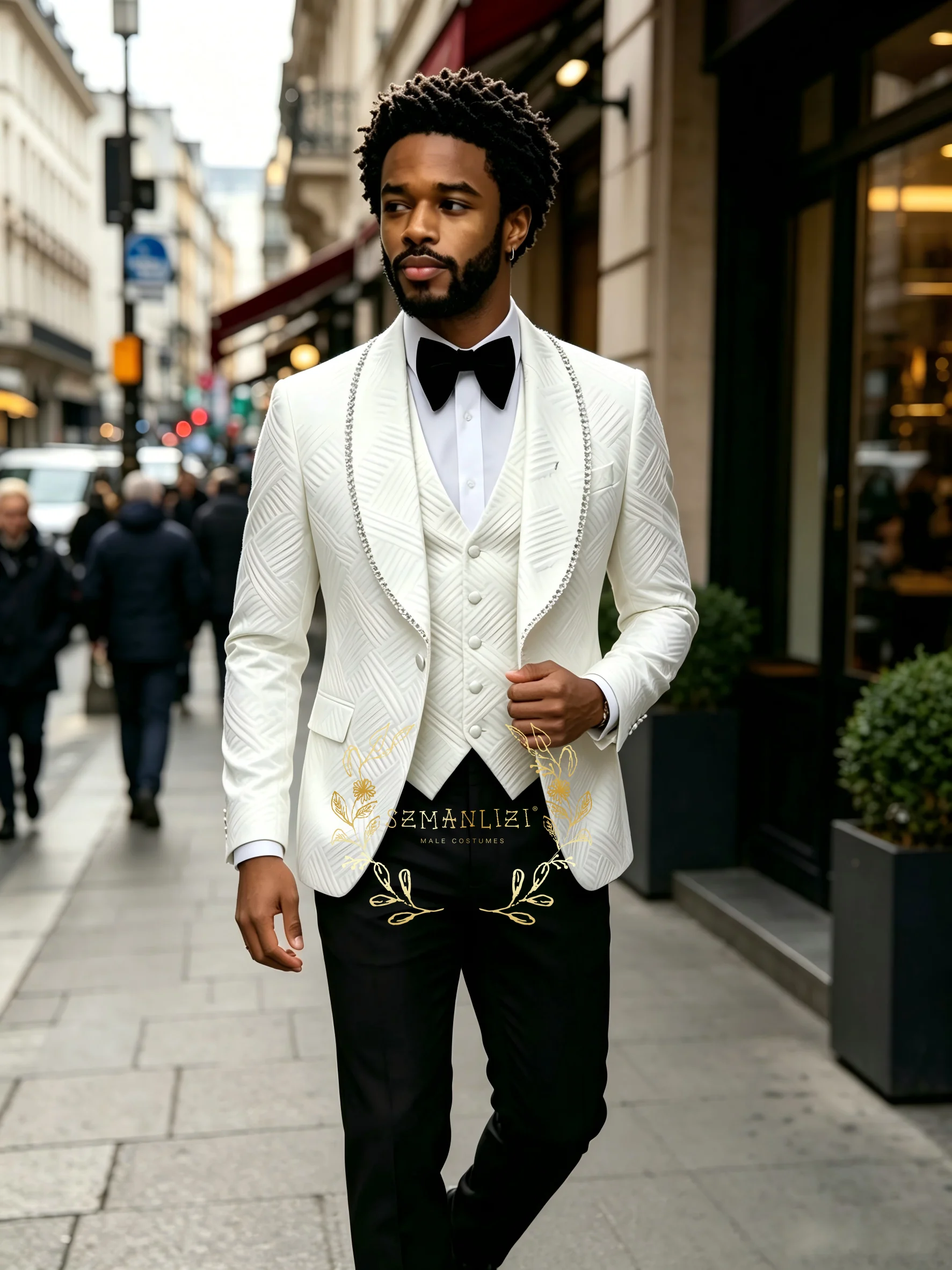 Latest Designs Plaid Crystals Men Suits For Wedding Shawl Lapel Groom Tuxedos Slim Fit Terno Masculino Prom Party 3 Pieces Set