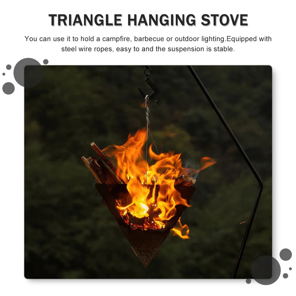 

1 set Triangle Hanging Stove Portable Detachable Camping Bbq Fire Pit Metal Bonfire Platform Adjustable Height Steel Wire Rope