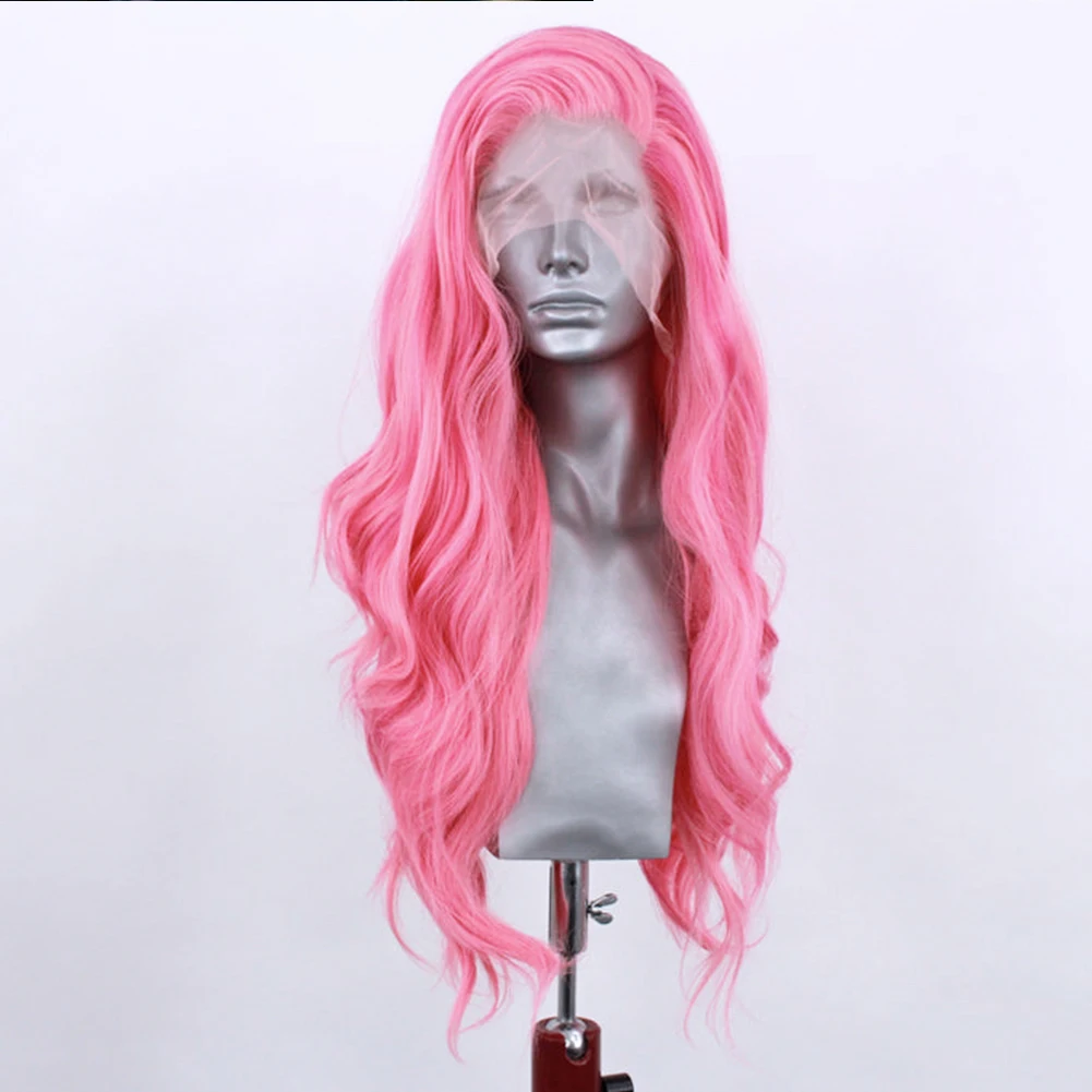 AIMEYA Pink Wig Synthetic Hair Lace Wigs for Women Natural Hairline Heat Resistant Fiber Cosplay Party Synthetic Wigs Daily Wear
