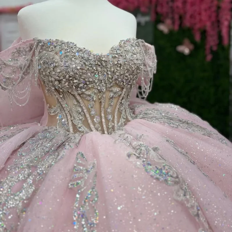 

Shiny light pink Quinceanera Dress off-shoulder crystal Lace glitter decal Bow Long tail vestidos de 15 Quinceanera ﻿Customize