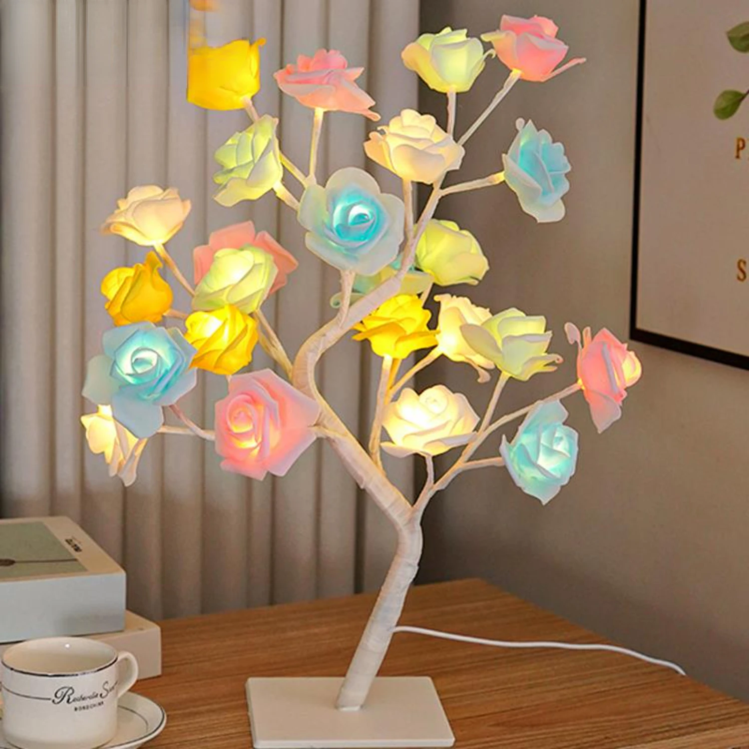 USB operado Maple Leaf Lâmpada, 24 LED Fairy Flower Tree, Tree Table Lamps, Rose Night Light, Presentes para Festa de Casamento, Decoração do quarto, Novo