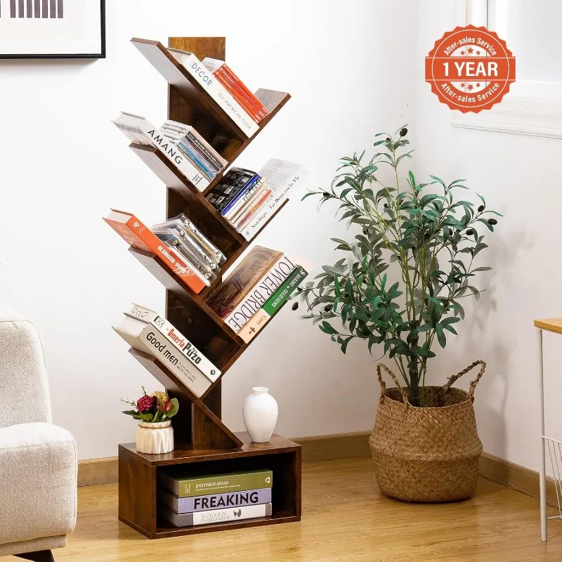 Tree Bookshelf - 6 Shelf Retro Floor Standing Bookcase, Tall Wood Book Storage Rack for CDs/Movies/Books