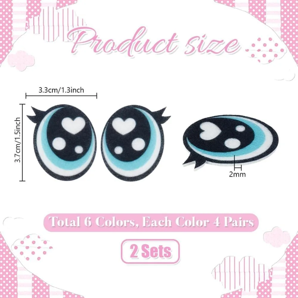 48 Pairs Felt Eyes with Lashes Colorful Oval Eye Kawaii Felt Eye Crochet Patches Amigurumi Craft Eyes for Plush Puppet Teddy