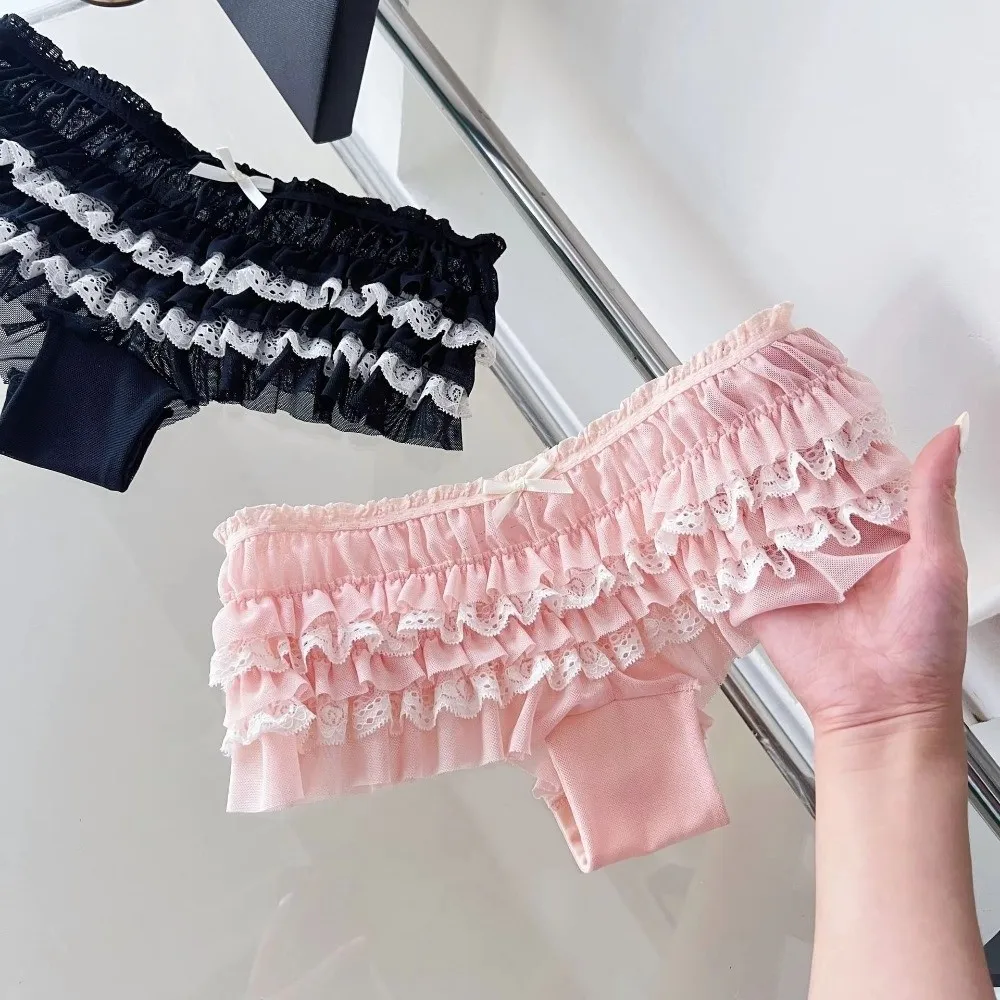 Cotton Crotch Women's Lace Panties Sweet Bow Layered Ruffles Ruffled Lace Panties Breathable Mesh Lace Trim Low Rise Briefs