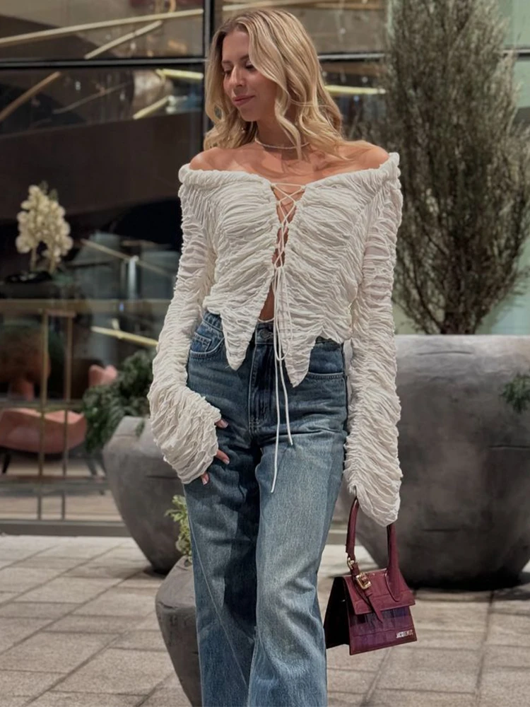 Trendix Hollow Lace Up T Shirts Autumn Fashion Ruffled Patchwork Loose Long Sleeve Tops Femme White Casual Sexy Clubwear Women
