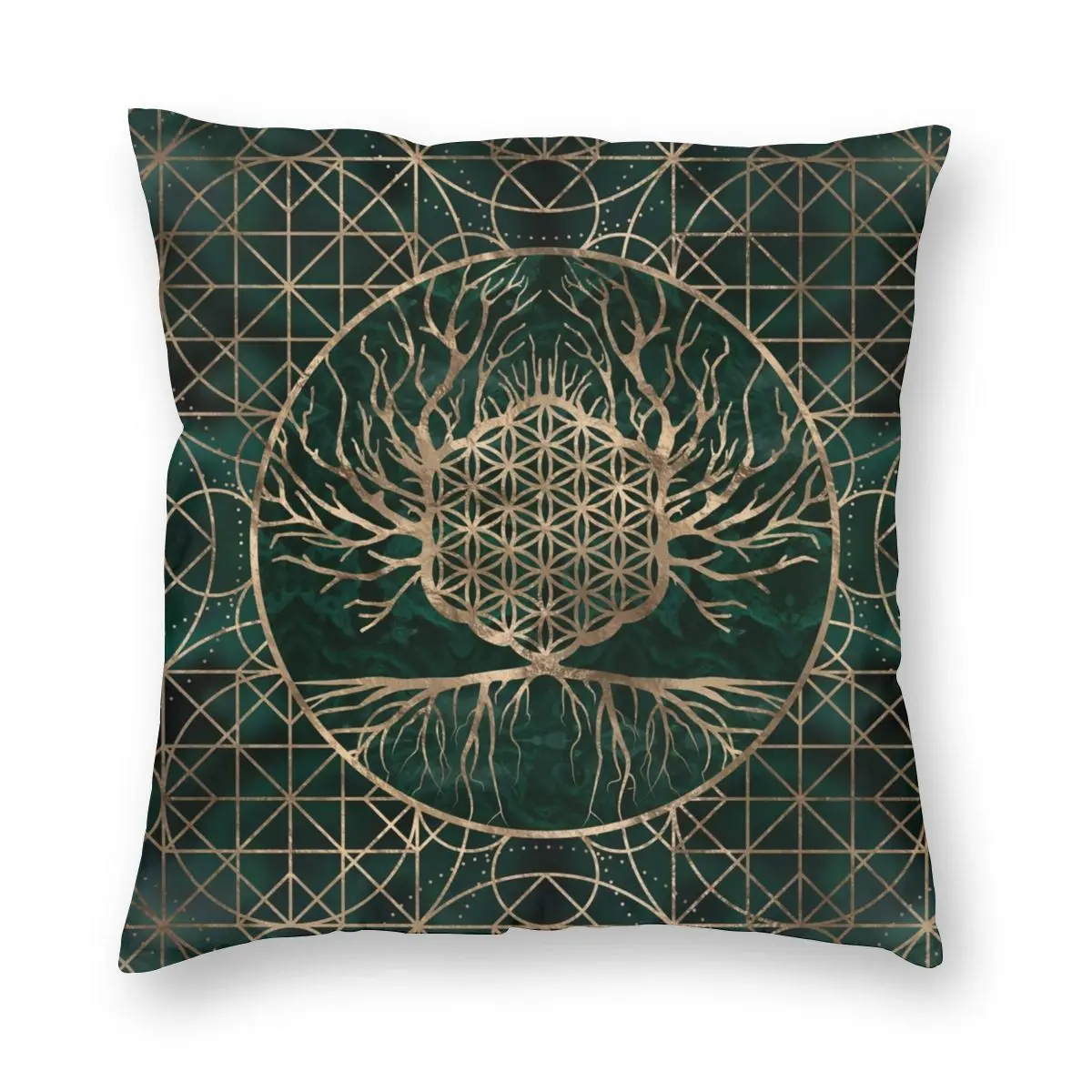 Flower Of Life In Tree Malachine And Gold Pillowcase Double-sided Printing Fabric Cushion Cover Decorative Pillow Case Cover