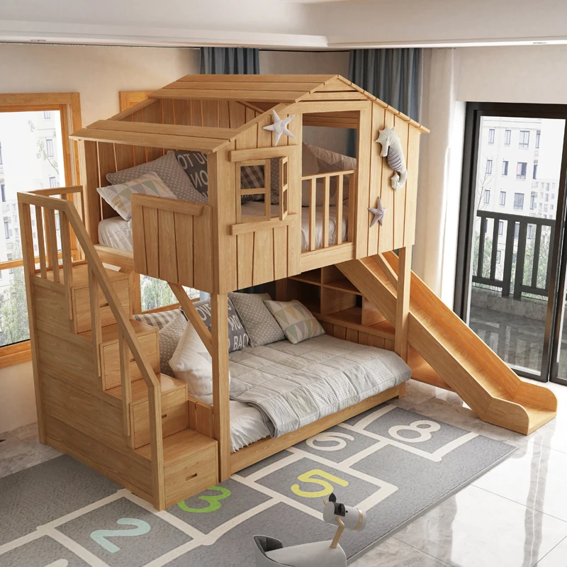 Cama casita en el árbol para niños Litera Toda de madera maciza hacia arriba y hacia abajo Litera alta y baja con tobogán Loft Base secreta Madre e hijo Pri