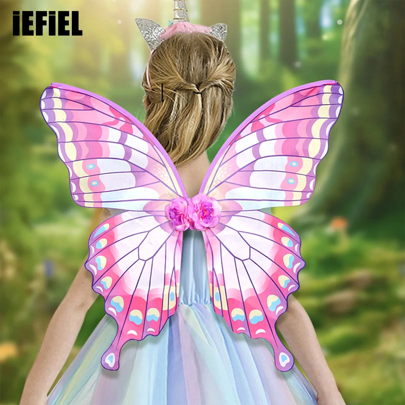 

3D Colorful Butterfly Wings with Applique Elastic Straps Foldable Fairy Elf Wings Halloween Roleplay Props for Adults Children