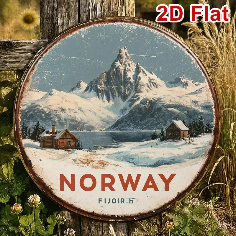 2D Flat - Vintage Norway Fjord Snowy Mountain Cabin Landscape Wall Art, 1pc 2D Round Aluminum Sign 7.87 * 7.87In/20X20Cm, Rustic