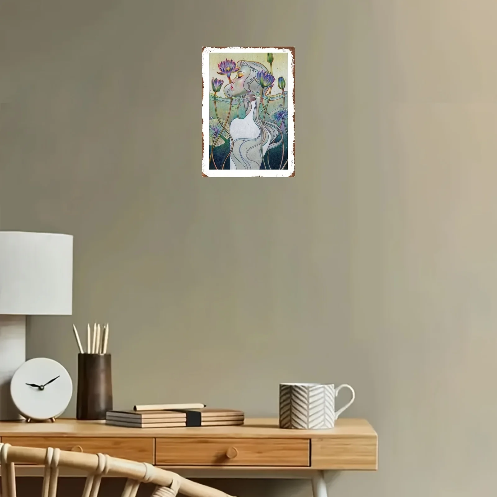 Room Decor Art Nouveau Floral Woman Illustration, Waterproof Wrought Iron Wall Art, 8x12 inches ,Hanging Artwork for Home Decor