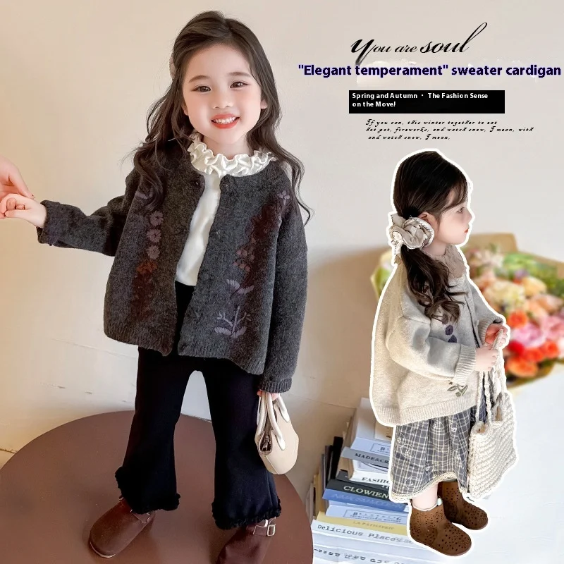 Retro Girls Sweater Cardigan Korean Fashion Knitwear for Toddler and Kids Spring Autumn 90-140cm