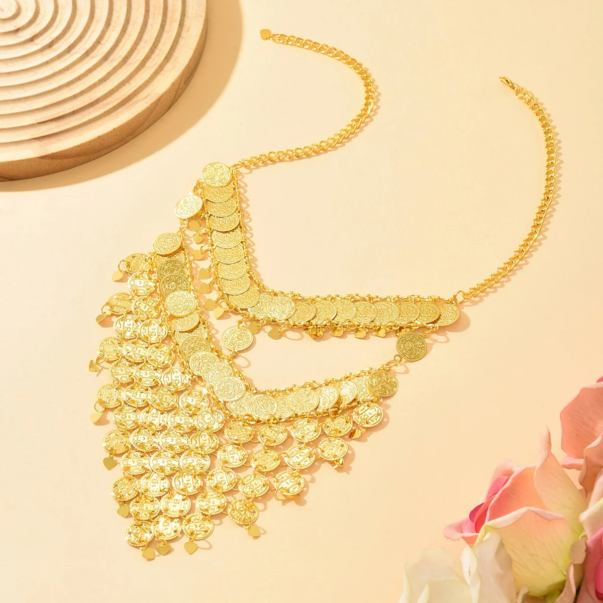 Middle Eastern Gold Coin Tassel Face Veil, Multi-Layer Belly Dance Accessory, Sparkling Pendant For Dynamic Stage Styling