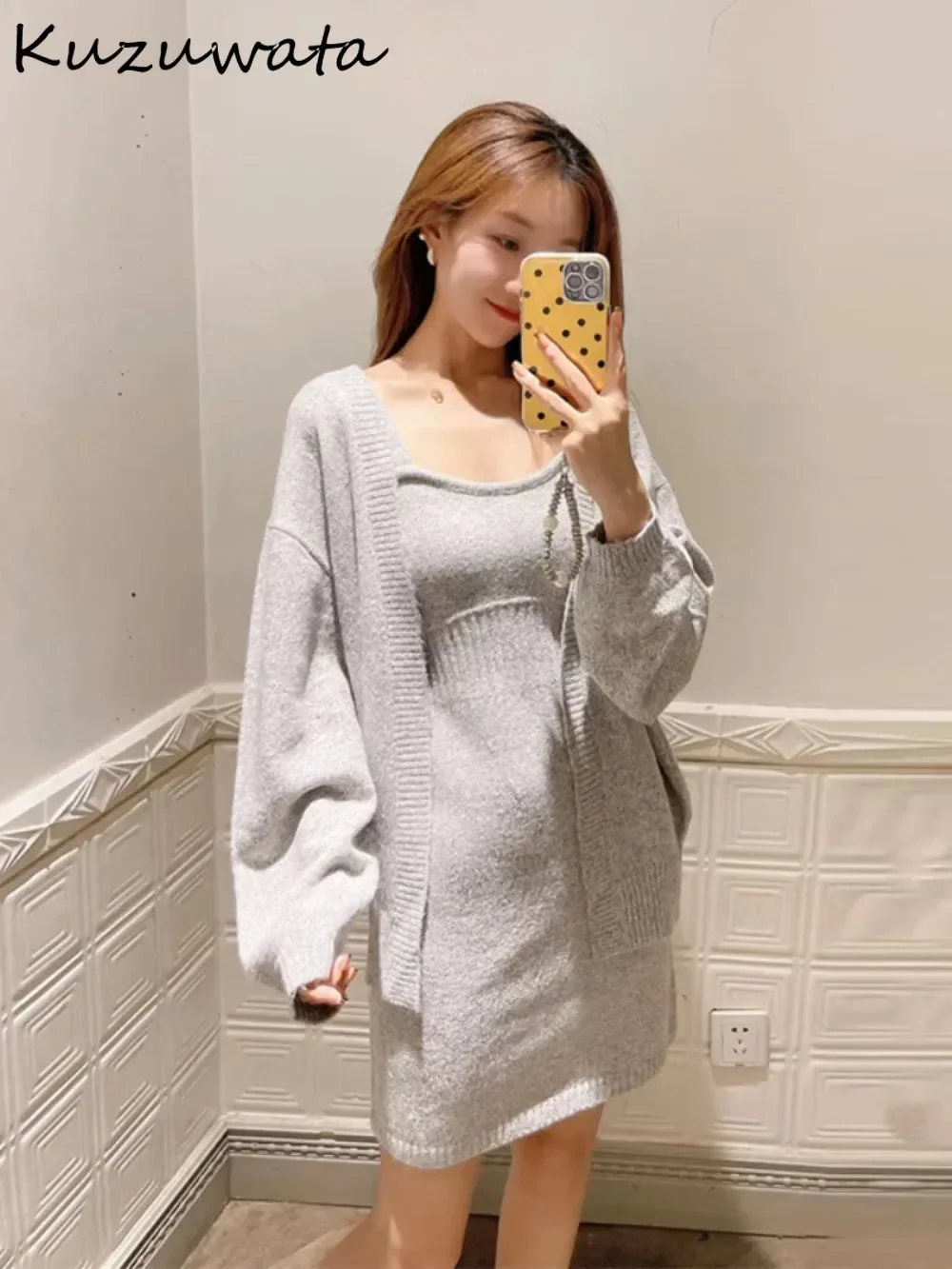 Kuzuwata New Elegant Long Sleeve Set Cardigan Sling Strapless Patchwork Slim Fit Robe Japanese Knit Moda French Style Suit Dress