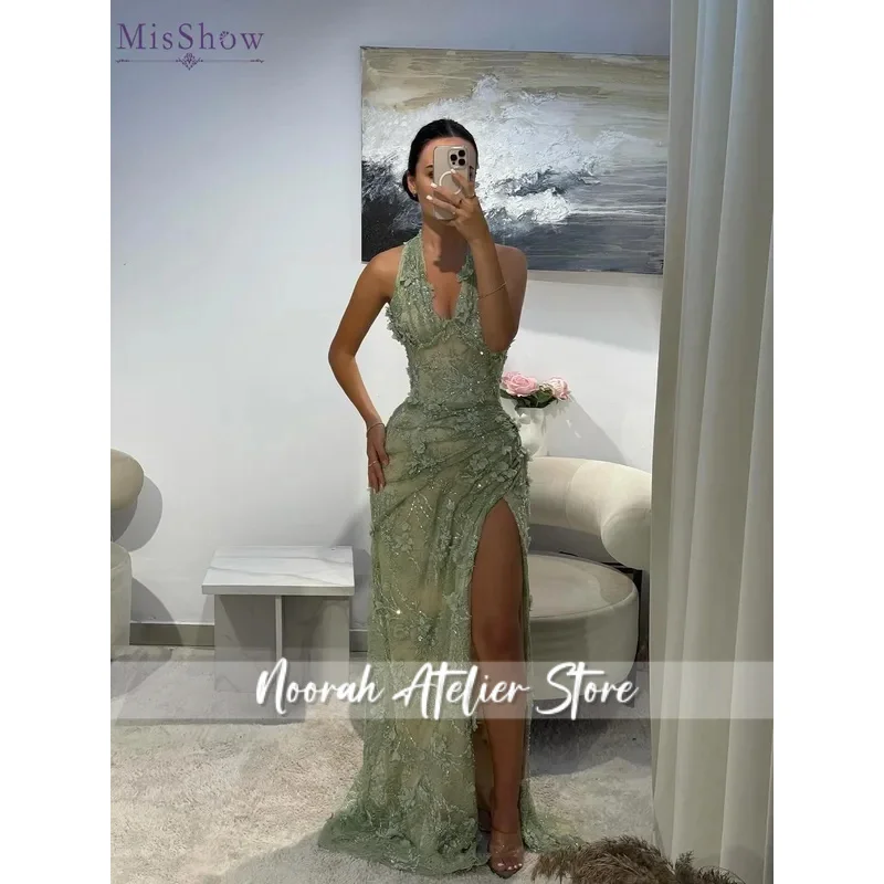 Gran oferta, Vestidos de graduación con cuello Halter de color verde salvia, apliques de lentejuelas de encaje Floral, vestido de noche Sexy con cuello en V, Vestidos largos de Dubái con abertura alta