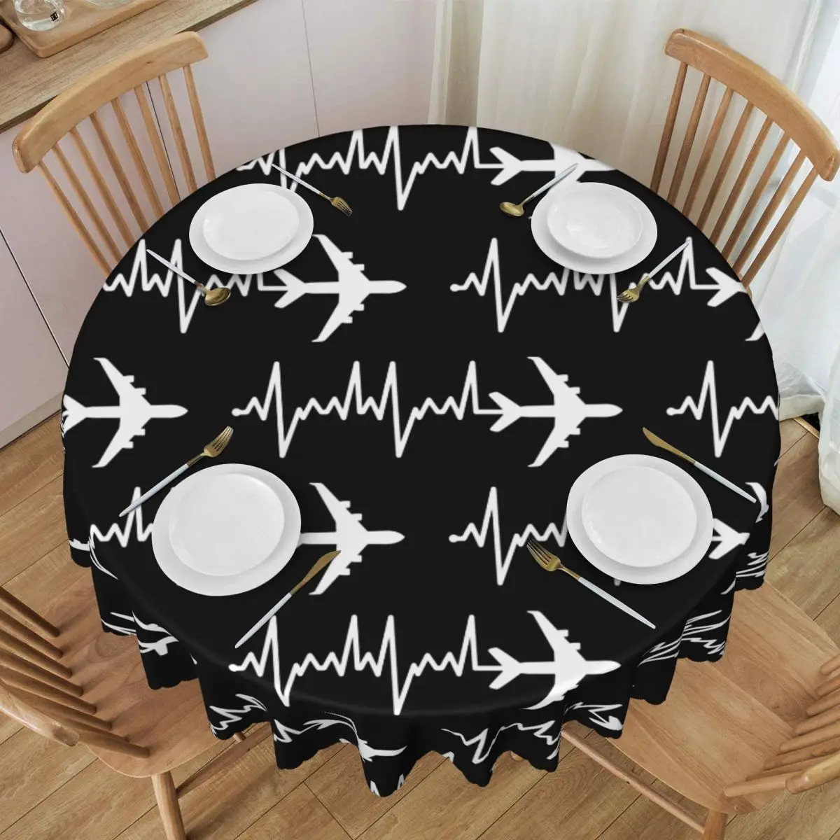 Custom Aviation Airplane Heartbeat Pilot Round Tablecloths 60 Inches Aviator Plane Gift Table Cover for Wedding Table Cloth