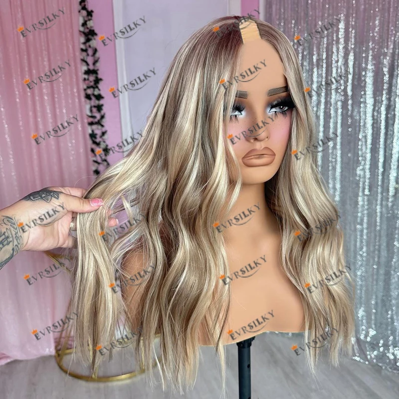 

Ash Blonde Highlight Human Hair 1x4 Size U Part Wigs Easy Wear Glueless Long Wavy Full Machine Made V Part Wigs Adjustable Strap