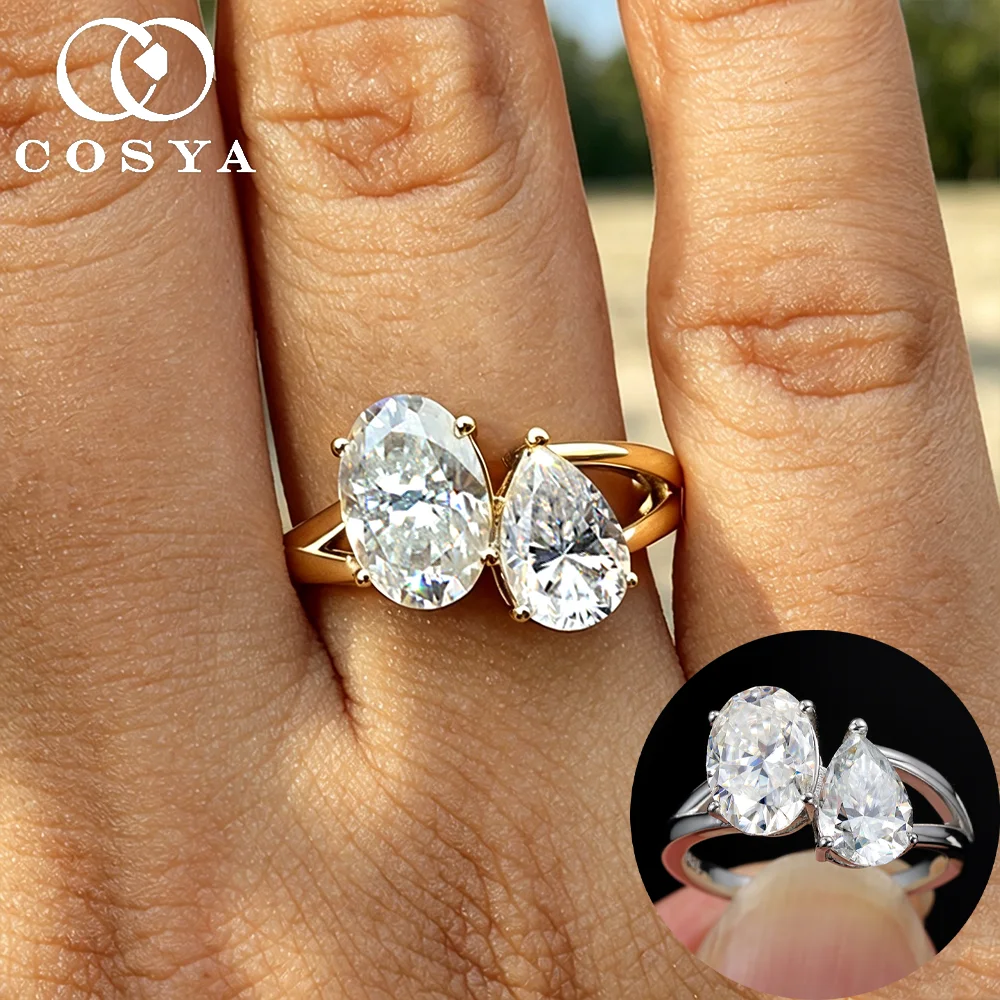 

COSYA Certified 4CT Oval/Pear Cut Moissanite Ring for Women S925 Silver 2 Stone Toi et Moi Wedding Ring Engagement Fine Jewelry