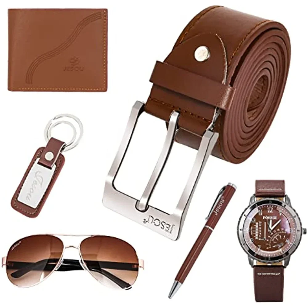 

6Pcs Men's Gift Set with Box Brown Leather Belt Wallet Watch Glasses Keychain Ballpoint Pen Business Birthday Gifts for Men