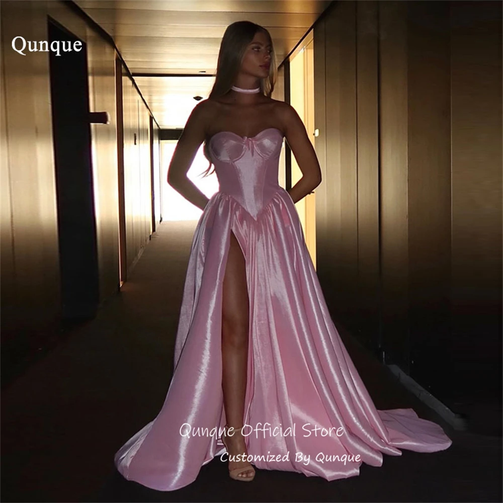 

Qunque Pink A Line Evening Dress High Side Slit Sweetheart Robes De Soirée Satin Lace Up Back Vestido De Fiesta Lujo Customized