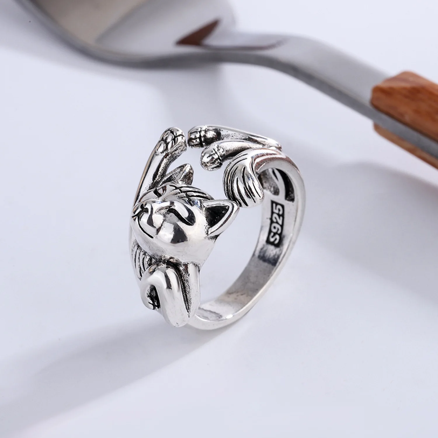 Best Sell Vintage Little Cat Animal Design Thai Silver Female Party Ring Original Jewelry For Women Christmas Gifts No Fade